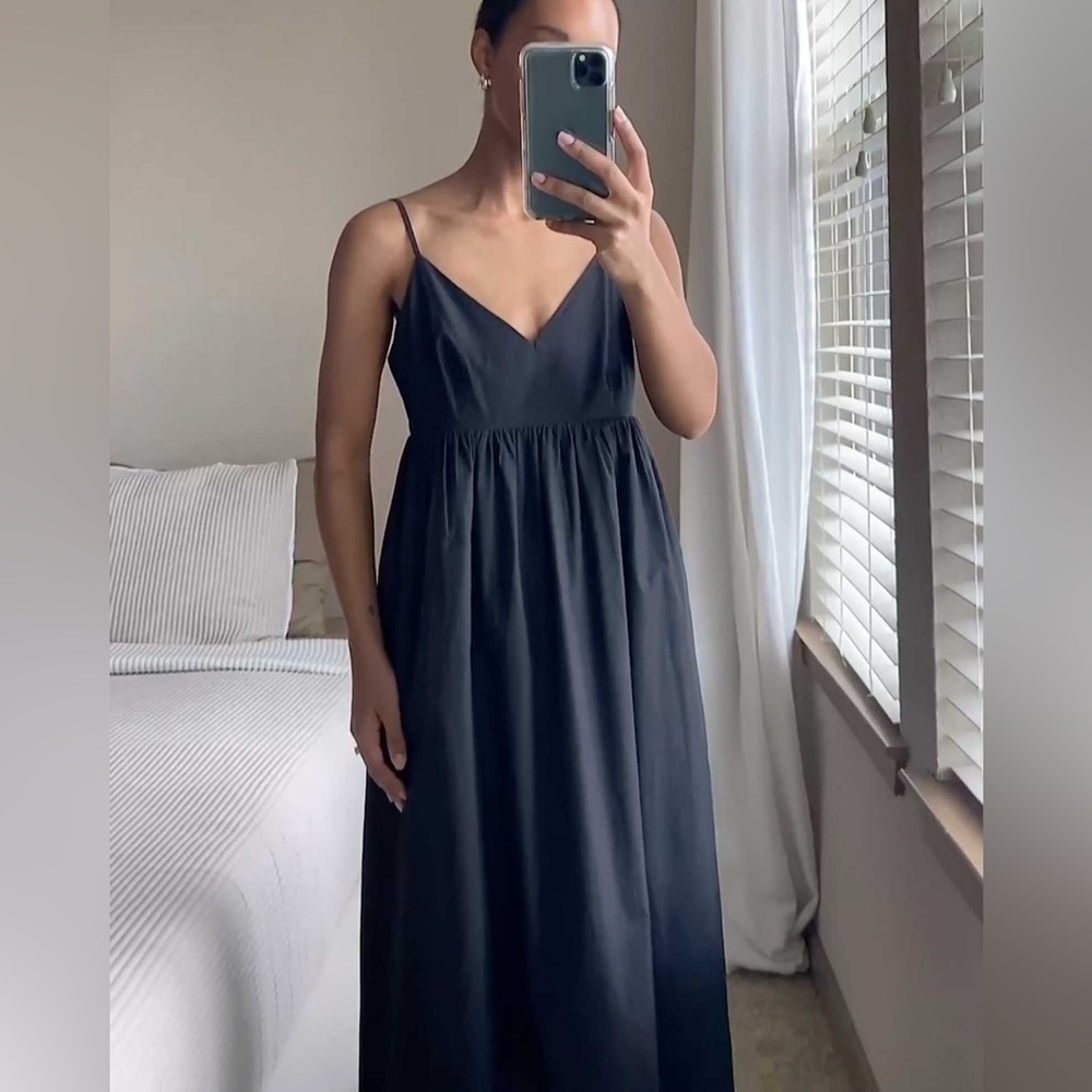 Quince navy linen Midi Slip Dress with Spaghetti Straps